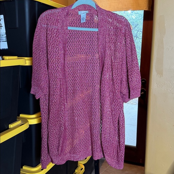 Catherines Metallic Pink Open Knit Short Sleeve Cardigan Size 3X 22/24W - Picture 1 of 6